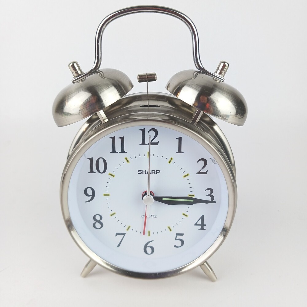 Sharp Alarm Clock Vintage Style Twin Bell Analog Clock. Retro Chrome Decor